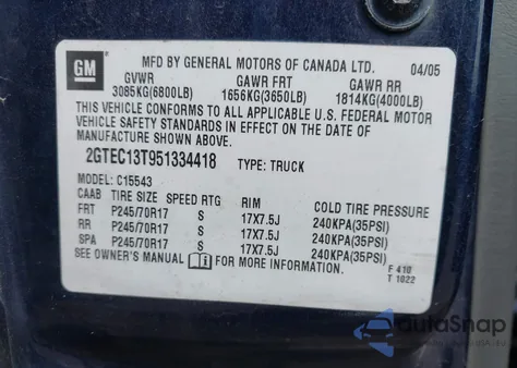 2005 GMC Sierra 1500 Sle from USA, damaged, VIN 2GTEC13T951334418